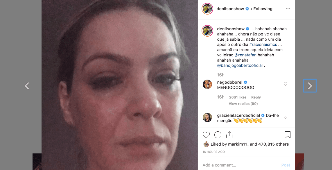 Publicação de Denilson com Renata Fan chorando - Foto Reprodução Instagram Publicação de Denilson com Renata Fan chorando - Foto Reprodução Instagram