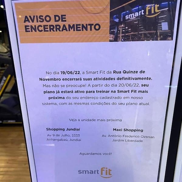 Aviso sobre encerramento de unidade SmarFit (Reprodução/Internet) Aviso sobre encerramento de unidade SmarFit (Reprodução/Internet)