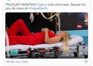 Renata Fan sai de maca do Jogo Aberto, após Internacional ser desclassificado da Libertadores - Foto Band Renata Fan sai de maca do Jogo Aberto, após Internacional ser desclassificado da Libertadores - Foto Band