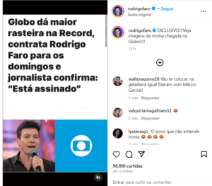 Rodrigo Faro faz brincadeira a respeito da sua ida para a Globo - Foto Reprodução Instagram Rodrigo Faro faz brincadeira a respeito da sua ida para a Globo - Foto Reprodução Instagram