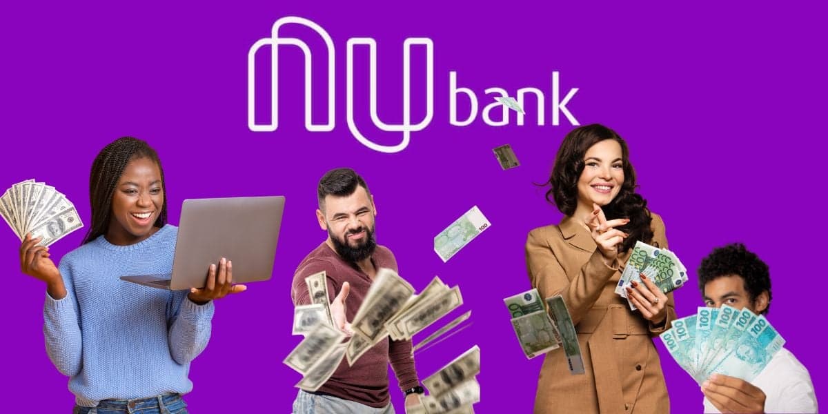Logo do Nubank e pessoas com dinheiro - Foto Reprodução Internet Logo do Nubank e pessoas com dinheiro - Foto Reprodução Internet