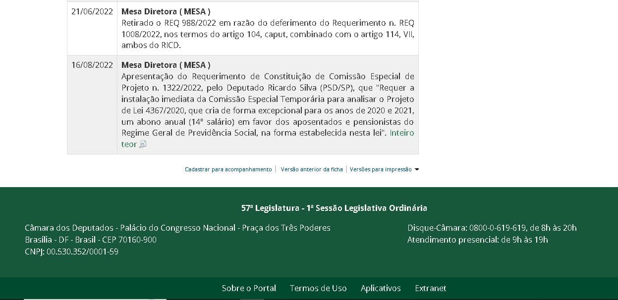 Portal da Câmara dos Deputados fez a última atualização no PL do 14° salário do INSS em 2022 (Foto: Reprodução/ Internet) Portal da Câmara dos Deputados fez a última atualização no PL do 14° salário do INSS em 2022 (Foto: Reprodução/ Internet)