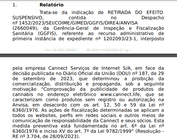Trecho da decisão da Anvisa - Foto: Internet Trecho da decisão da Anvisa - Foto: Internet