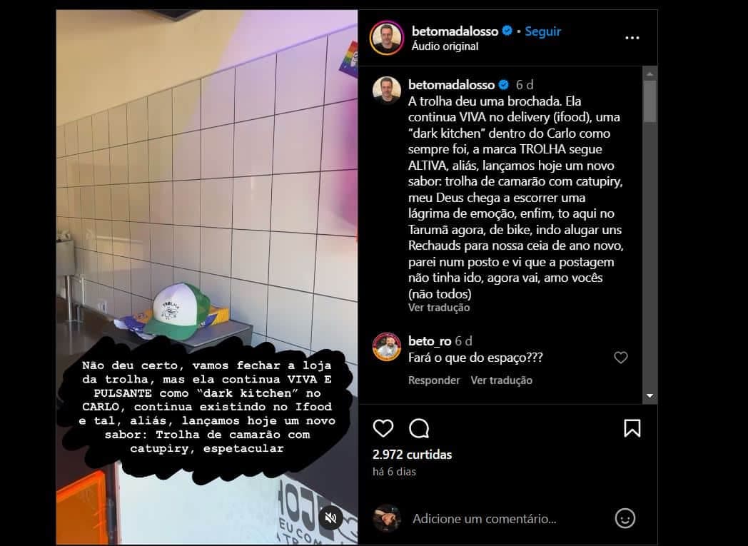 Publicação de Beto Madalosso informando o fechamento do Trolha (Foto Reprodução/Instagram) Publicação de Beto Madalosso informando o fechamento do Trolha (Foto Reprodução/Instagram)