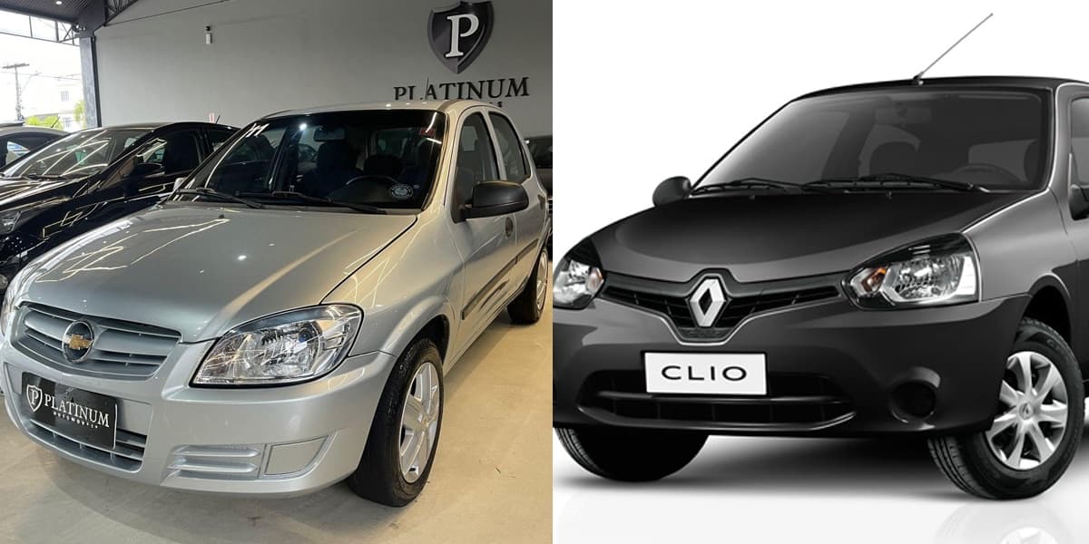 Chevrolet Celta Spirit 1.0 2008 e Renault Clio Authentique 1.0 2008 (Foto: Reprodução, Motor1) Chevrolet Celta Spirit 1.0 2008 e Renault Clio Authentique 1.0 2008 (Foto: Reprodução, Motor1)