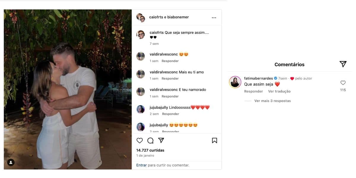 Bia Bonemer e Caio Freitas, e comentário de Fátima Bernardes (Foto: Reprodução / Instagram) Bia Bonemer e Caio Freitas, e comentário de Fátima Bernardes (Foto: Reprodução / Instagram)