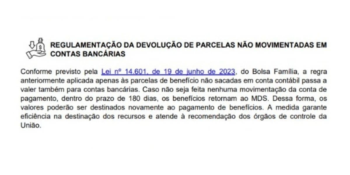 Regulamentação da devolução de parcelas não movimentas em contas bancárias (Foto: Reprodução / MDS) Regulamentação da devolução de parcelas não movimentas em contas bancárias (Foto: Reprodução / MDS)
