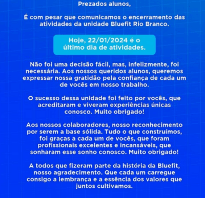 BlueFit no Acre encerrou atividades e fez um comunicado por meio das redes sociais - Foto F1 BlueFit no Acre encerrou atividades e fez um comunicado por meio das redes sociais - Foto F1