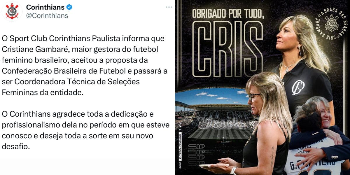 Comunicado do Corinthians sobre saída de Cristiane Gambaré (Foto - X / Corinthians). Comunicado do Corinthians sobre saída de Cristiane Gambaré (Foto - X / Corinthians).