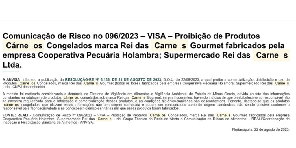 Nota sobre produto da marca Rei das Carnes Gourmet(Foto: Reprodução / site) Nota sobre produto da marca Rei das Carnes Gourmet(Foto: Reprodução / site)