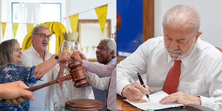 Lula assinando, idosos comemorando e martelode juiz com nova lei - Montagem TVFOCO Lula assinando, idosos comemorando e martelode juiz com nova lei - Montagem TVFOCO