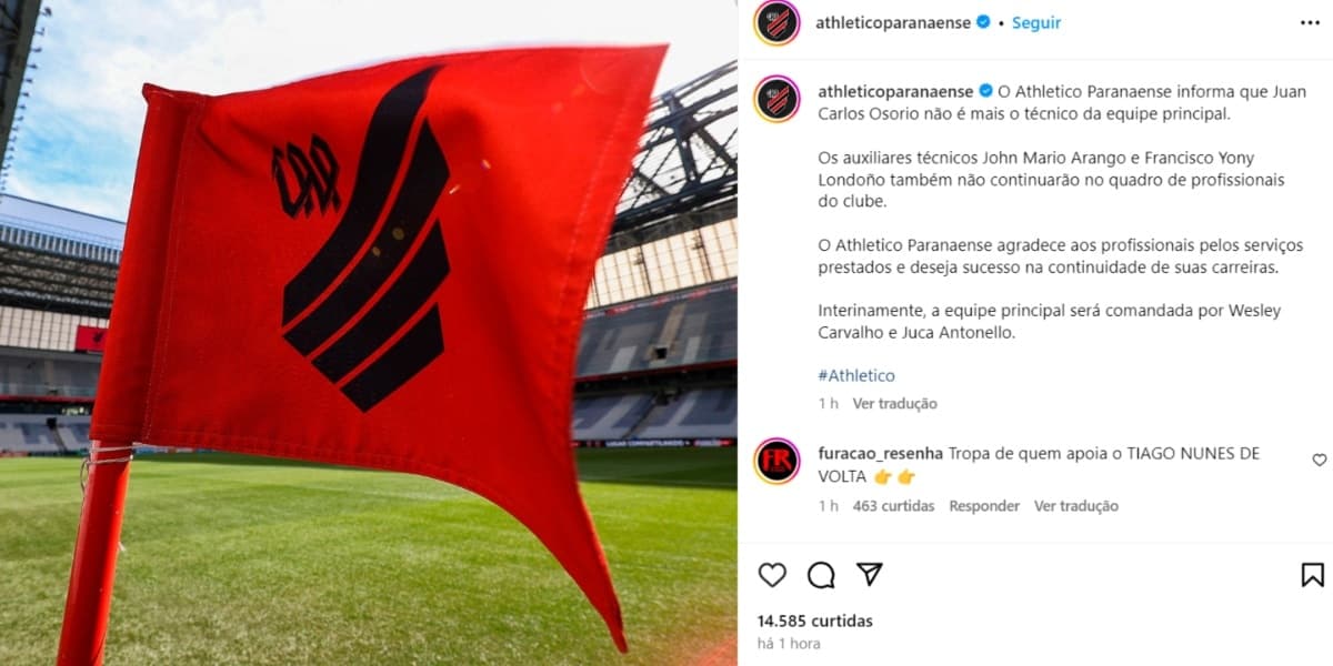 Perfil do Athletico-PR anuncia demissão do técnico Osorio - (Foto: Reprodução / Instagram) Perfil do Athletico-PR anuncia demissão do técnico Osorio - (Foto: Reprodução / Instagram)