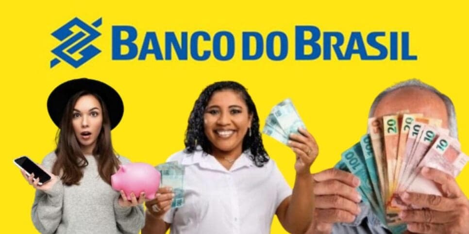 Logo do Banco do Brasil, mulher chocada segurando cofrinho e celular, e mulher e idoso segurando notas de dinheiro (Fotos: Reproduções / Internet / Freepik) Logo do Banco do Brasil, mulher chocada segurando cofrinho e celular, e mulher e idoso segurando notas de dinheiro (Fotos: Reproduções / Internet / Freepik)