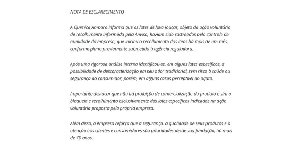 Nota de esclarecimento da marca Química Amparo (Reprodução/G1) Nota de esclarecimento da marca Química Amparo (Reprodução/G1)