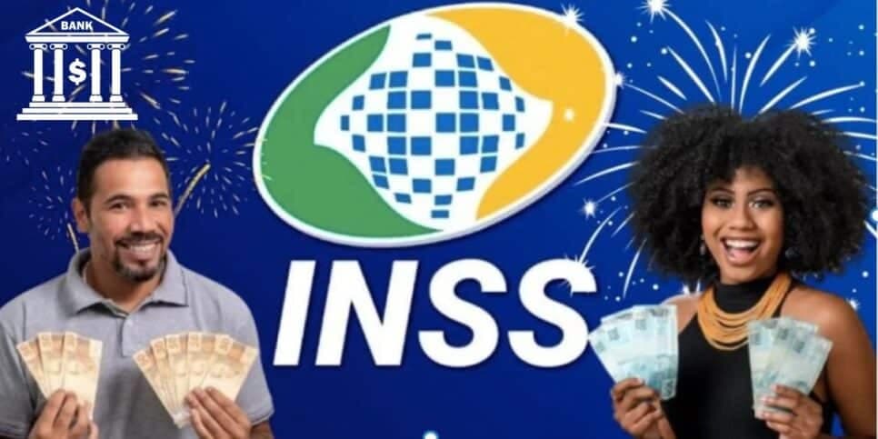 Banco, fogos de artifício, logo do INSS e homem e mulher segurando notas de dinheiro (Fotos: Reproduções / Canva/ Freepik / Internet) Banco, fogos de artifício, logo do INSS e homem e mulher segurando notas de dinheiro (Fotos: Reproduções / Canva/ Freepik / Internet)