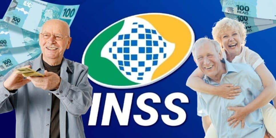 Notas de cem reais, logo do INSS e senhores e senhora felizes (Fotos: Reproduções / Internet / Canva) Notas de cem reais, logo do INSS e senhores e senhora felizes (Fotos: Reproduções / Internet / Canva)