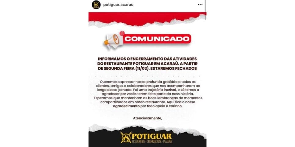 Comunicado do restaurante (Foto: Instagram) Comunicado do restaurante (Foto: Instagram)