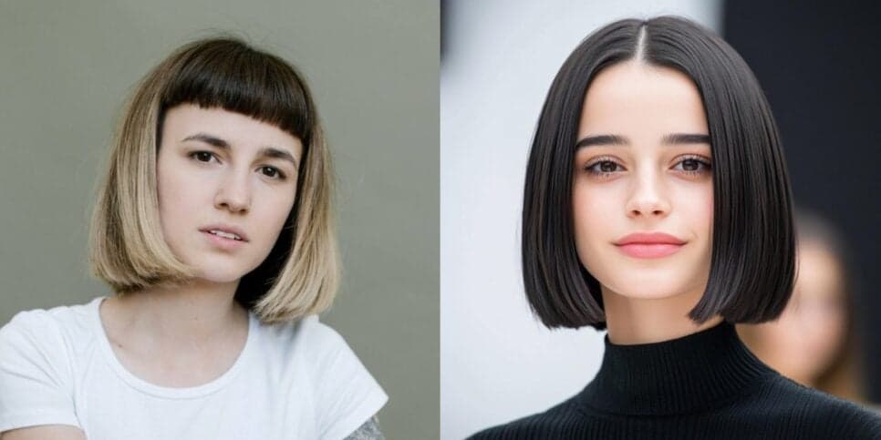 Corte de cabelo Bob com franja curtinha e Bob linear com partição central (Foto: Reprodução/ Internet) Corte de cabelo Bob com franja curtinha e Bob linear com partição central (Foto: Reprodução/ Internet)