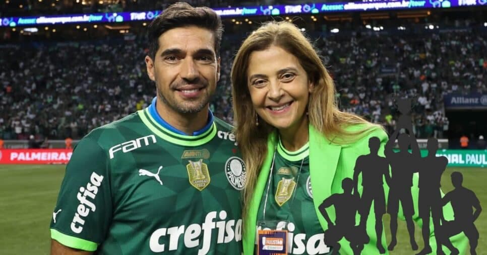 Abel Ferreira, Leila Pereira e ilustração de jogadores Abel Ferreira, Leila Pereira e ilustração de jogadores