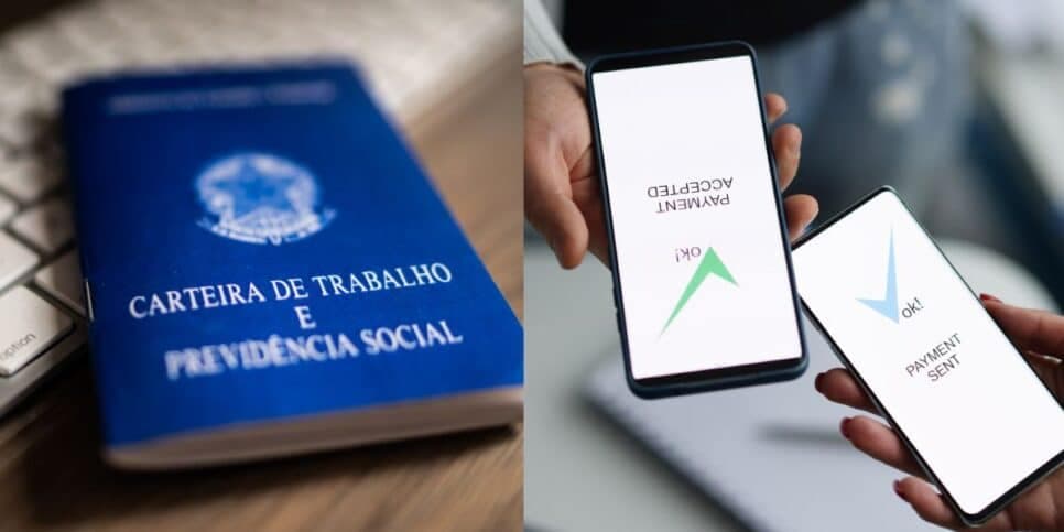 Carteira de trabalho e ilustração pagamento salário mínimo (Fotos: Canva). Carteira de trabalho e ilustração pagamento salário mínimo (Fotos: Canva).