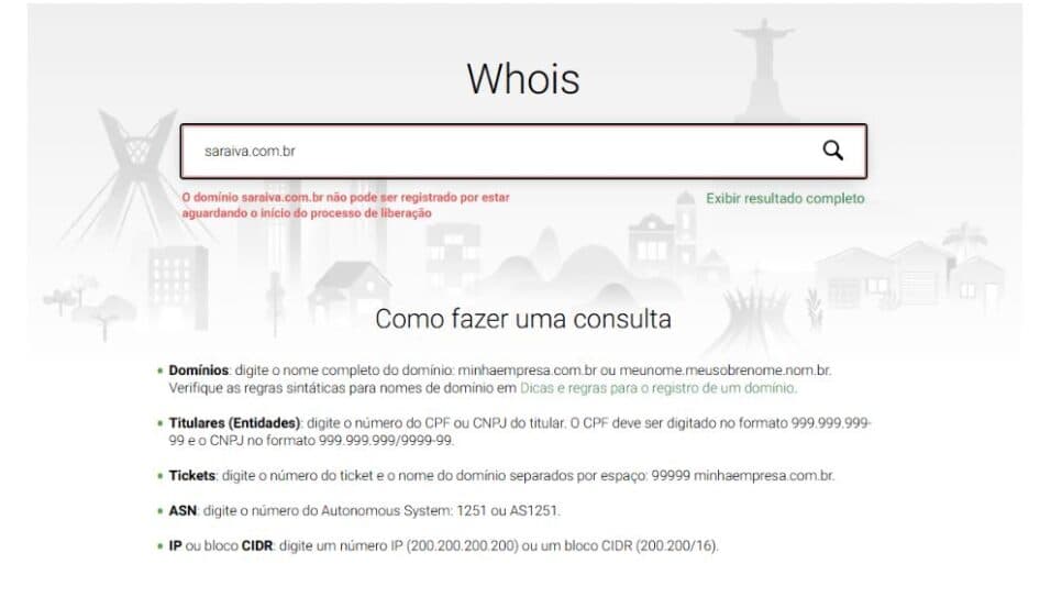 Status do domínio da Saraiva (Foto: Reprodução/Registro BR) Status do domínio da Saraiva (Foto: Reprodução/Registro BR)