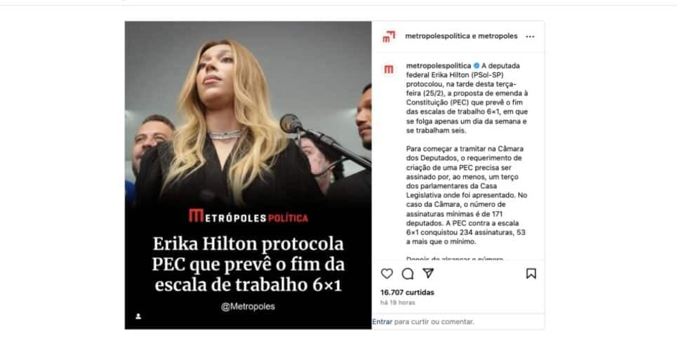 Notícia sobre redução da escala 6x1 (Foto: Reprodução / Instagram) Notícia sobre redução da escala 6x1 (Foto: Reprodução / Instagram)