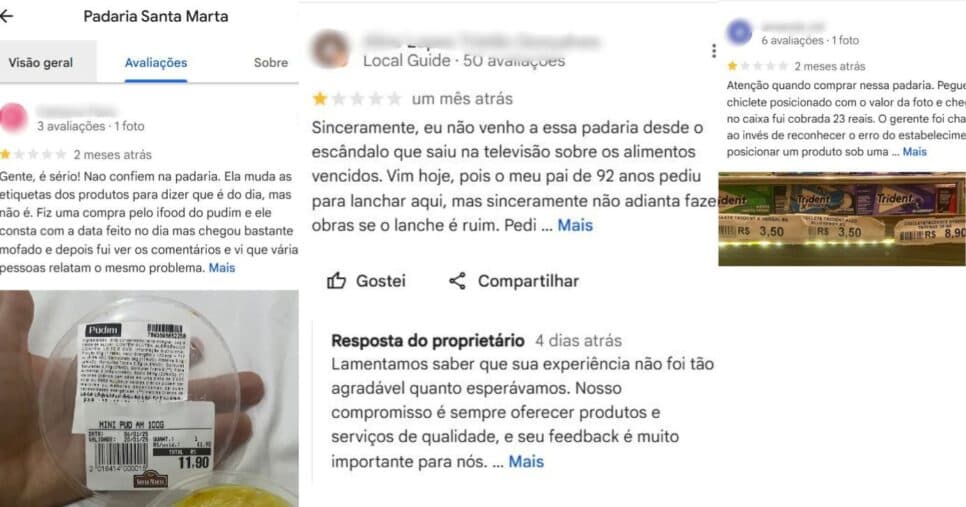Avaliações contra a padaria Santa Marta (Foto Reprodução/Montagem/Tv Foco/Canva) Avaliações contra a padaria Santa Marta (Foto Reprodução/Montagem/Tv Foco/Canva)