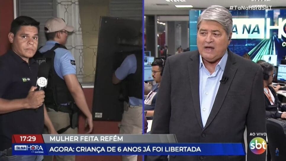 Link ao vivo com o repórter Arthur Garcia, dividindo tela com o apresentador, em momento de sequestro (Foto: Reprodução/ SBT) Link ao vivo com o repórter Arthur Garcia, dividindo tela com o apresentador, em momento de sequestro (Foto: Reprodução/ SBT)