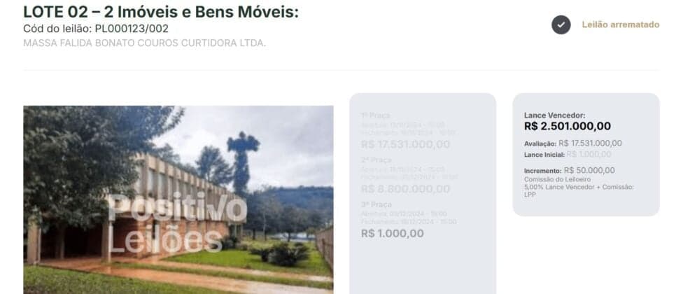 Imóvel da Bonato Couros divulgado no leilão da Positivo (Foto Reprodução/site oficial) Imóvel da Bonato Couros divulgado no leilão da Positivo (Foto Reprodução/site oficial)