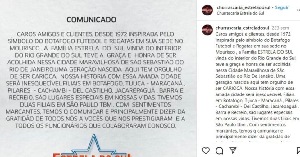 Comunicado do fechamento de restaurante Comunicado do fechamento de restaurante