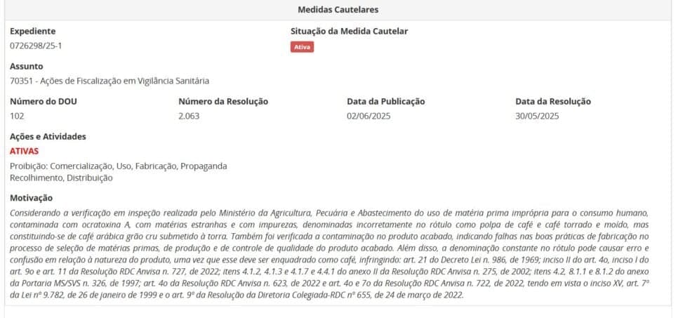 Resolução da ANVISA contra lote da marca de café -Master Blends, parte 2 (Foto: Reprodução/ANVISA) Resolução da ANVISA contra lote da marca de café -Master Blends, parte 2 (Foto: Reprodução/ANVISA)