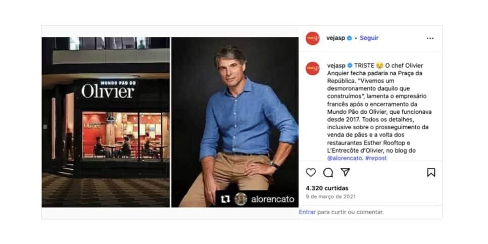 Notícia sobre fechamento da padaria Mundo Pão do Olivier (Foto: Reprodução / Instagram) Notícia sobre fechamento da padaria Mundo Pão do Olivier (Foto: Reprodução / Instagram)