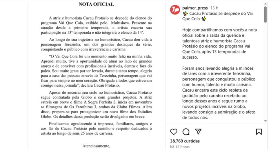Nota oficial da acessoria de imprensa da atriz (Foto: Reprodução/ Instagram) Nota oficial da acessoria de imprensa da atriz (Foto: Reprodução/ Instagram)