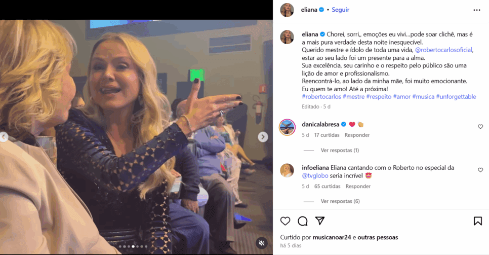 Eliana revela situação em camarim com Roberto Carlos - Instagram Eliana revela situação em camarim com Roberto Carlos - Instagram