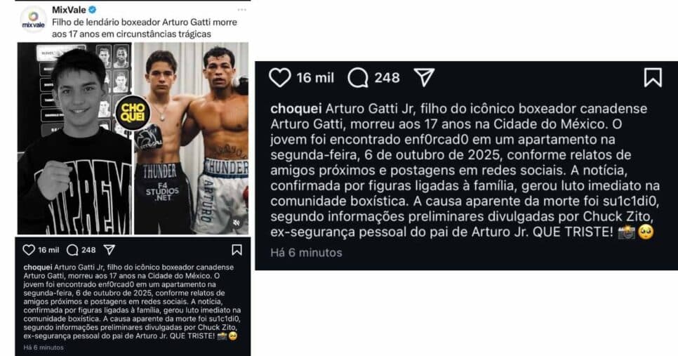 Notícia sobre a morte de Aturo Gatti Jr (Foto: Reprodução / Instagram) Notícia sobre a morte de Aturo Gatti Jr (Foto: Reprodução / Instagram)