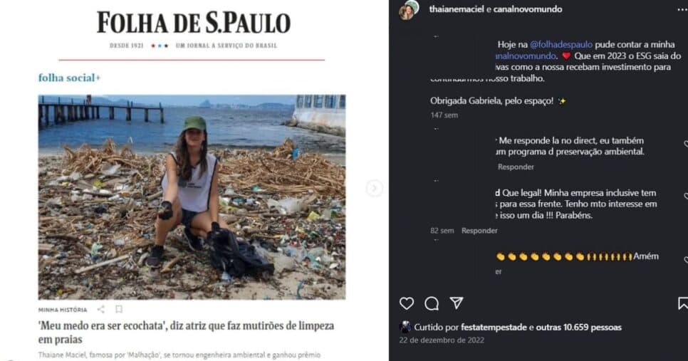 Thaiane Maciel em reportagem da Folha de S.Paulo em meio a coleta do lixo nas praias (Foto Reprodução/Montagem/TV Foco/Instagram/@thaianemaciel) Thaiane Maciel em reportagem da Folha de S.Paulo em meio a coleta do lixo nas praias (Foto Reprodução/Montagem/TV Foco/Instagram/@thaianemaciel)