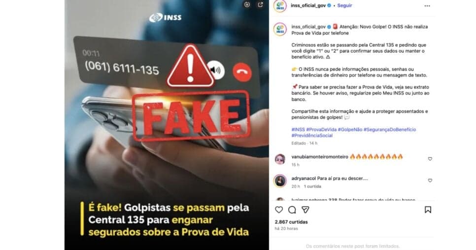Anúncio INSS sobre golpes envolvendo Prova de Vida (Foto: Reprodução / Instagram) Anúncio INSS sobre golpes envolvendo Prova de Vida (Foto: Reprodução / Instagram)