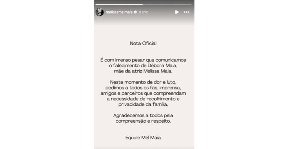Comunicado de Mel Maia sobre morte de Débora Maia (Foto: Reprodução / Instagram) Comunicado de Mel Maia sobre morte de Débora Maia (Foto: Reprodução / Instagram)