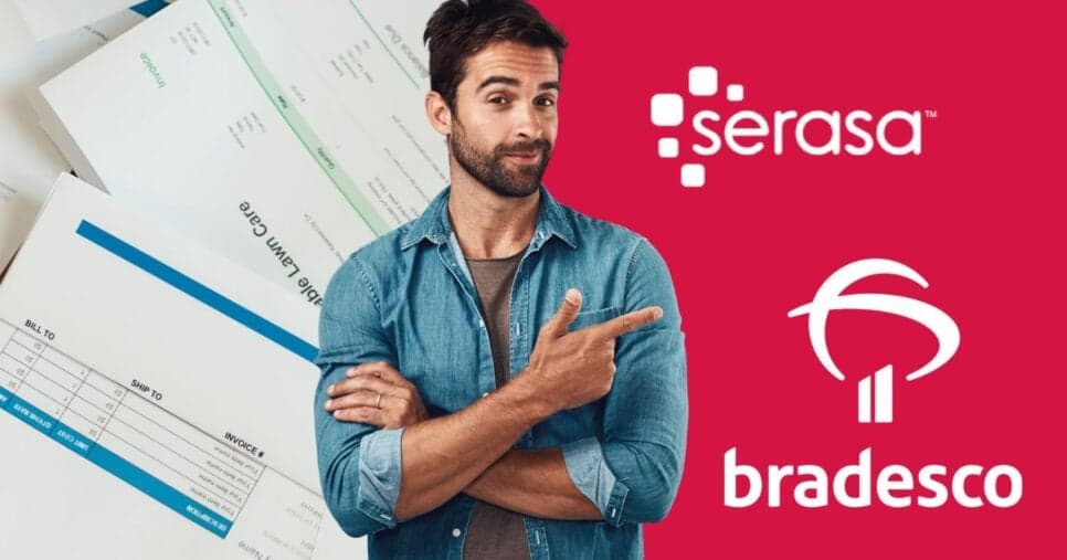 Ilustração dívidas, homem, logo Serasa e logo Bradesco (Fotos: Reproduções / Canva / Internet) Ilustração dívidas, homem, logo Serasa e logo Bradesco (Fotos: Reproduções / Canva / Internet)