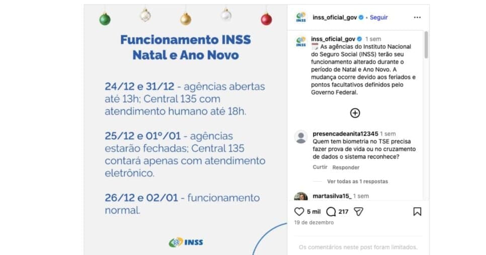 Informe do INSS sobre funcionamento presencial de agências no Ano Novo (Foto: Reprodução / Instagram) Informe do INSS sobre funcionamento presencial de agências no Ano Novo (Foto: Reprodução / Instagram)