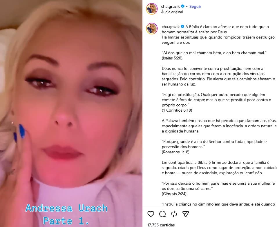 Chaline Grazik prevê fim de Andressa Urach (Foto: Reprodução / Instagram)
Chaline Grazik prevê fim de Andressa Urach (Foto: Reprodução / Instagram)