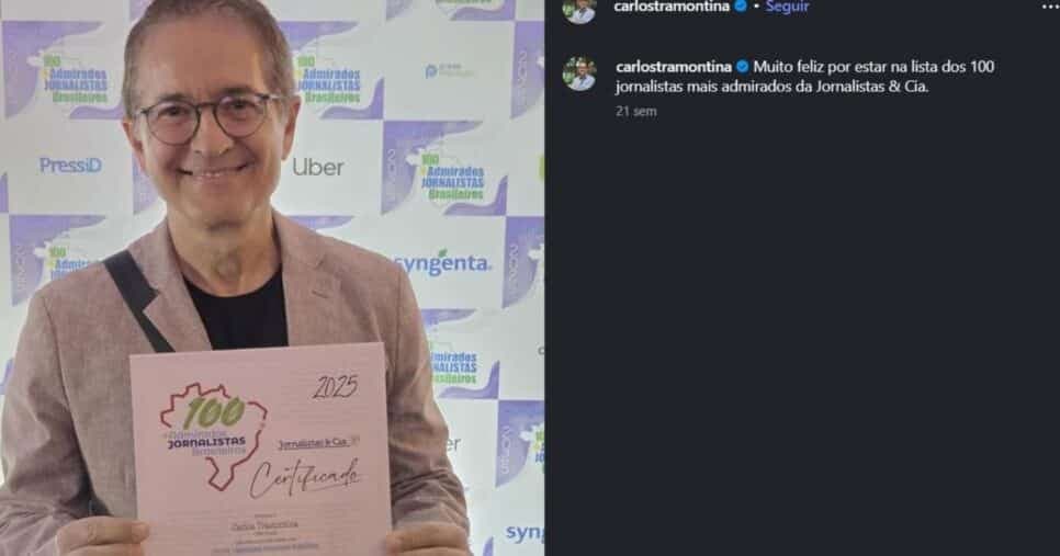 Carlos Tramontina esteve entre os 100 jornalistas mais admirados da Jornalista&Cia em 2025 (Foto Reprodução/Instagram/@Carlos Tramontina) Carlos Tramontina esteve entre os 100 jornalistas mais admirados da Jornalista&Cia em 2025 (Foto Reprodução/Instagram/@Carlos Tramontina)