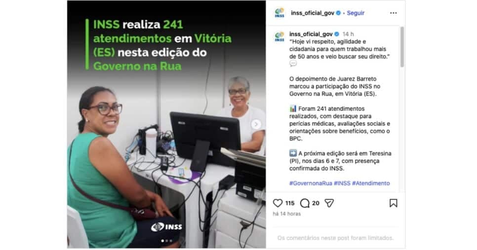 Anúncio do INSS sobre Programa na Rua em Vitória (Foto: Reprodução / Instagram) Anúncio do INSS sobre Programa na Rua em Vitória (Foto: Reprodução / Instagram)