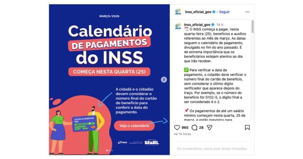 Informe do INSS sobre pagamentos do mês de março (Foto: Reprodução / Instagram) Informe do INSS sobre pagamentos do mês de março (Foto: Reprodução / Instagram)