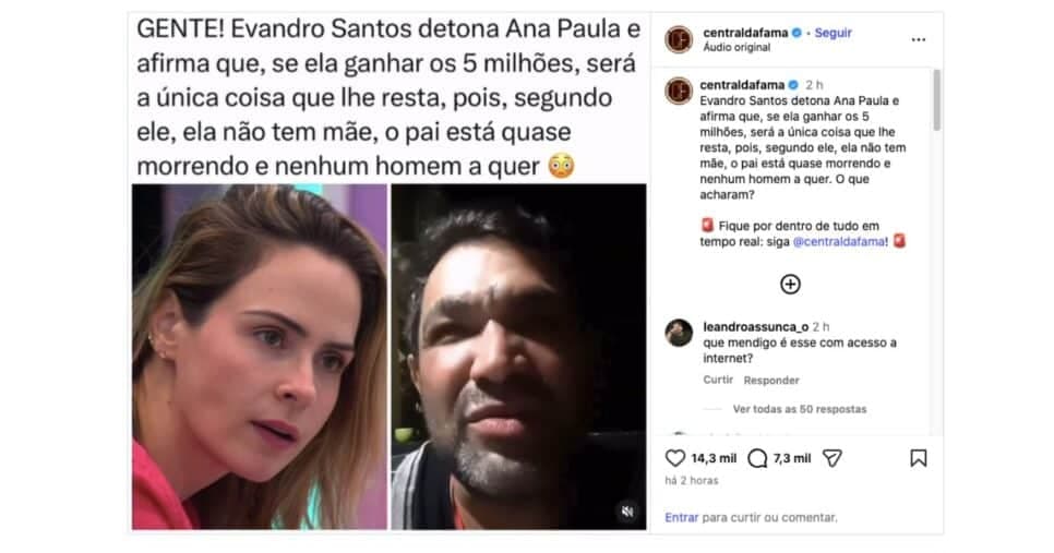 Publicação de Evandro Santos sobre Ana Paula Renault (Foto: Reprodução / Instagram) Publicação de Evandro Santos sobre Ana Paula Renault (Foto: Reprodução / Instagram)