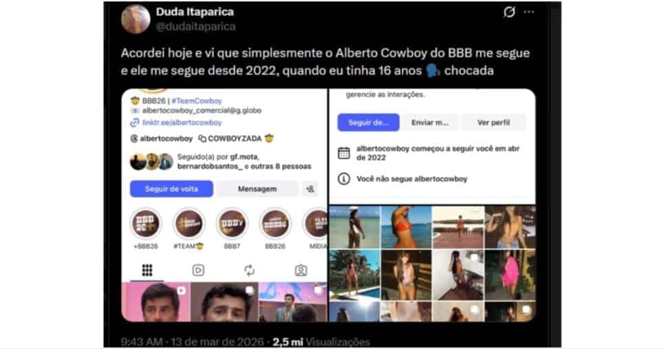 Cowboy é exposto por jovem nas redes sociais - Foto: Divulgação/Metrópoles Cowboy é exposto por jovem nas redes sociais - Foto: Divulgação/Metrópoles
