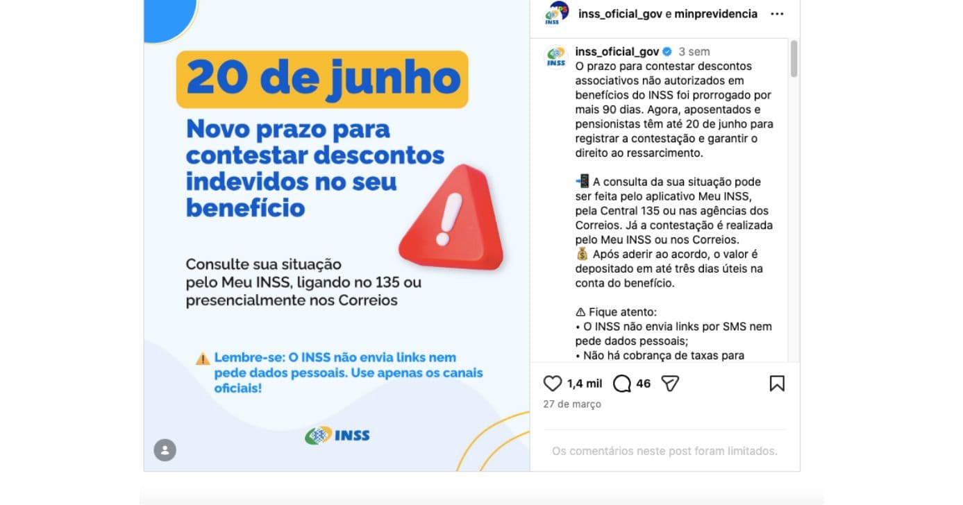 Anúncio do INSS sobre contestação de descontos (Foto: Reprodução / Instagram) Anúncio do INSS sobre contestação de descontos (Foto: Reprodução / Instagram)