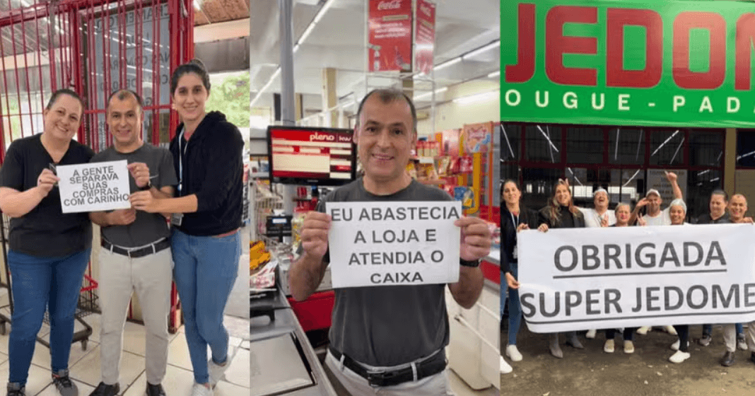 Funcionários do supermercado participaram do vídeo usando plaquinhas com as funções que exerciam - Fotos Redes Sociais Funcionários do supermercado participaram do vídeo usando plaquinhas com as funções que exerciam - Fotos Redes Sociais
