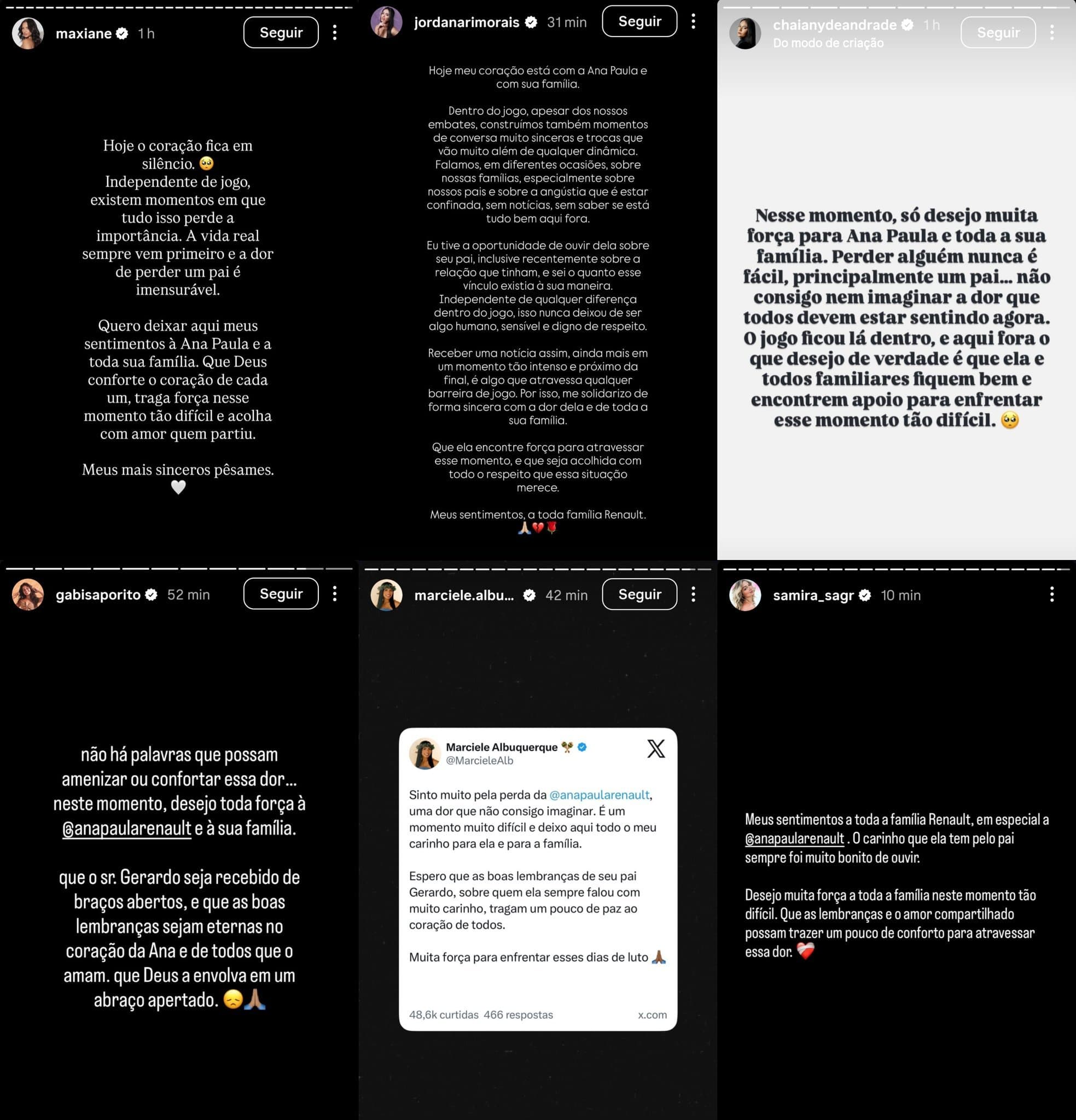 Rivais no BBB26 reagem morte do pai de Ana Paula (Foto: Reprodução / Instagram / X)
Rivais no BBB26 reagem morte do pai de Ana Paula (Foto: Reprodução / Instagram / X)