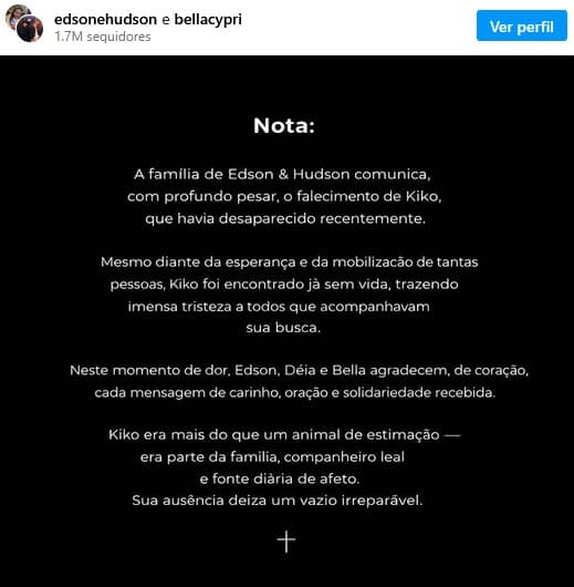 Edson, dupla de Hudson lamentou morte (Foto: Reprodução / Instagram)
Edson, dupla de Hudson lamentou morte (Foto: Reprodução / Instagram)